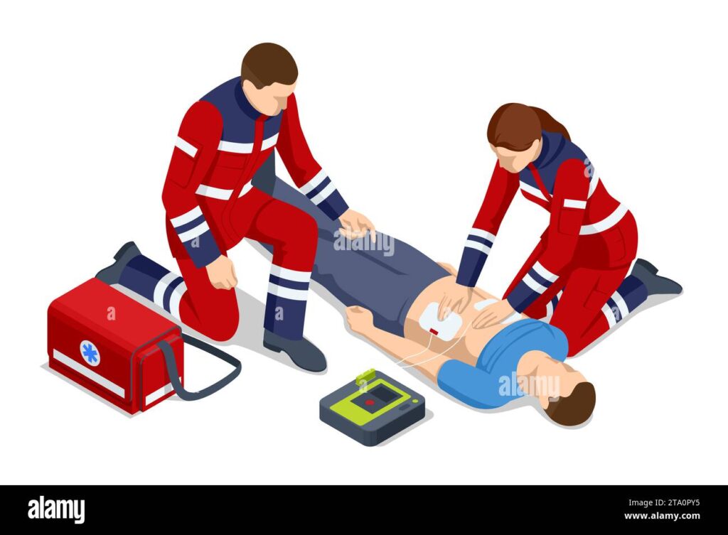 isometric concept of cardiac massage cpr emergency aid medic character performing chest compressions and artificial ventilation ambulance responders 2ta0py5